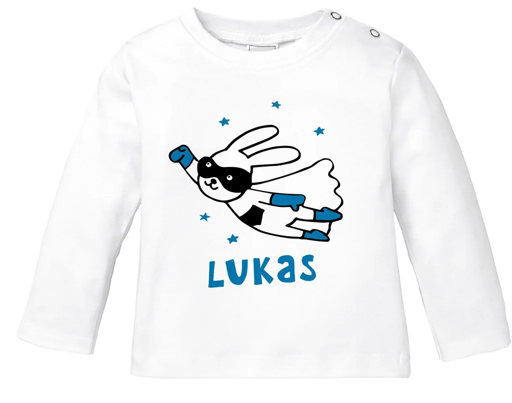 Baby Langarmshirt mit Namen personalisiert Hase Superheld Junge Mädchen Baumwolle SpecialMe® Jungen weiß 56/62 (1-3 Monate)